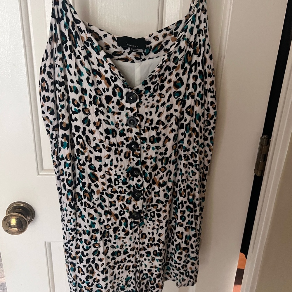 Button-Front Leopard Print Tank Dress/romper in White, Black, Teal & Brown
